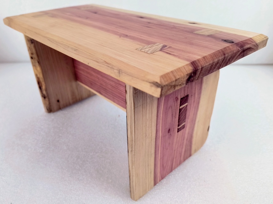 Dark academia library bench stool: artisanal cedar wood plant display for scholarly windows
